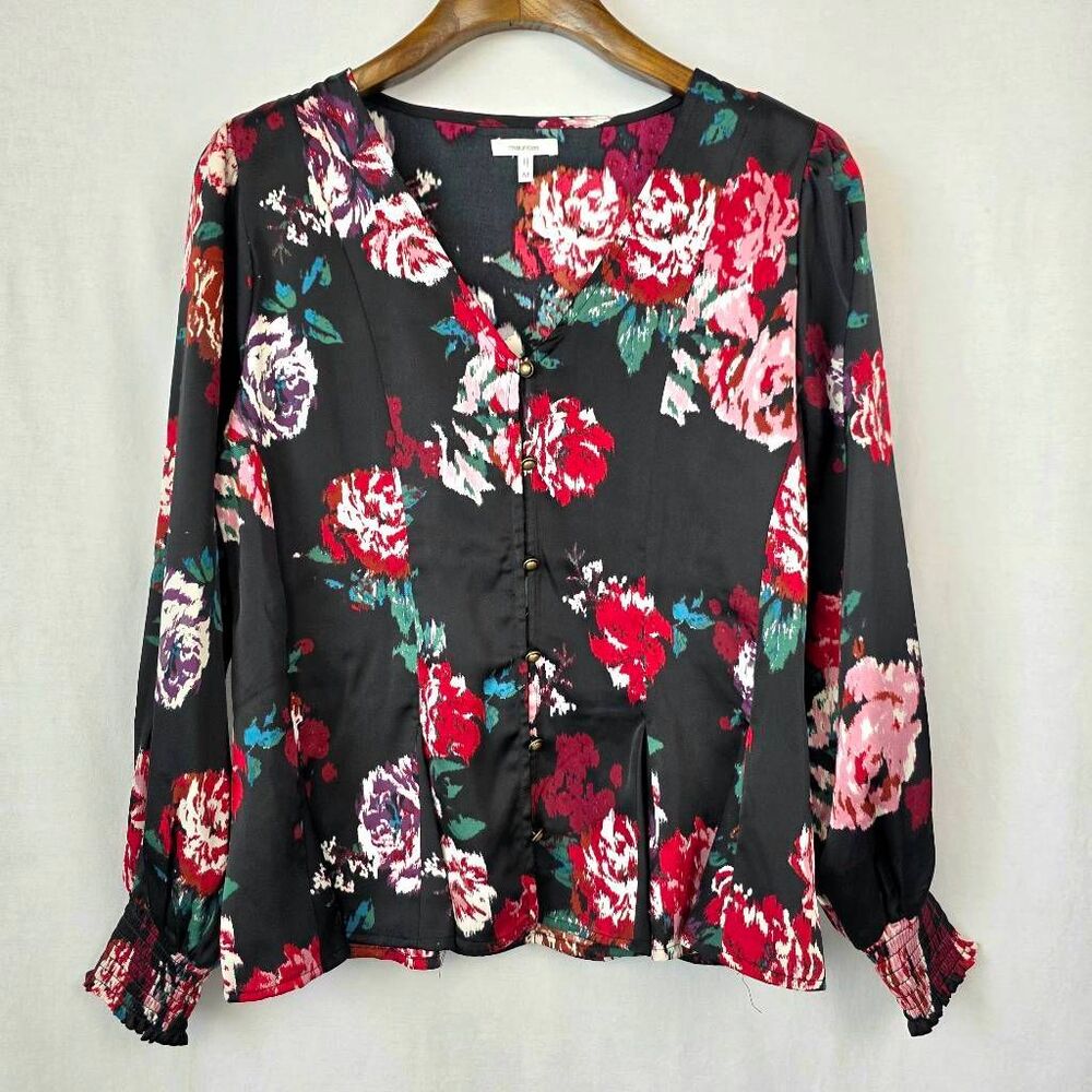 Maurices Rose Floral Peplum Blouse Medium Black - Picture 2 of 9